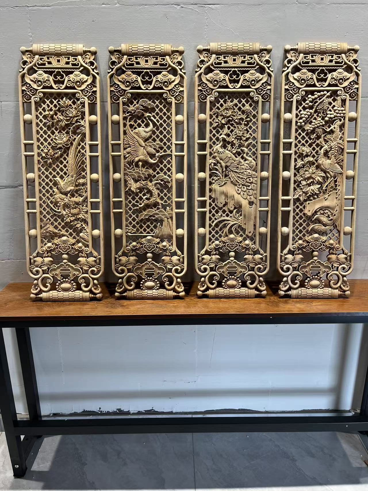 香樟木镂空书卷型客厅挂画四季花鸟金鸡凤凰图案装饰画4号