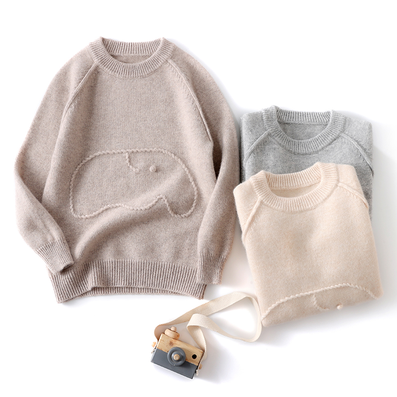 【100羊毛】 加厚儿童羊毛衫男童女童针织毛衣圆领手工小象女童毛衫