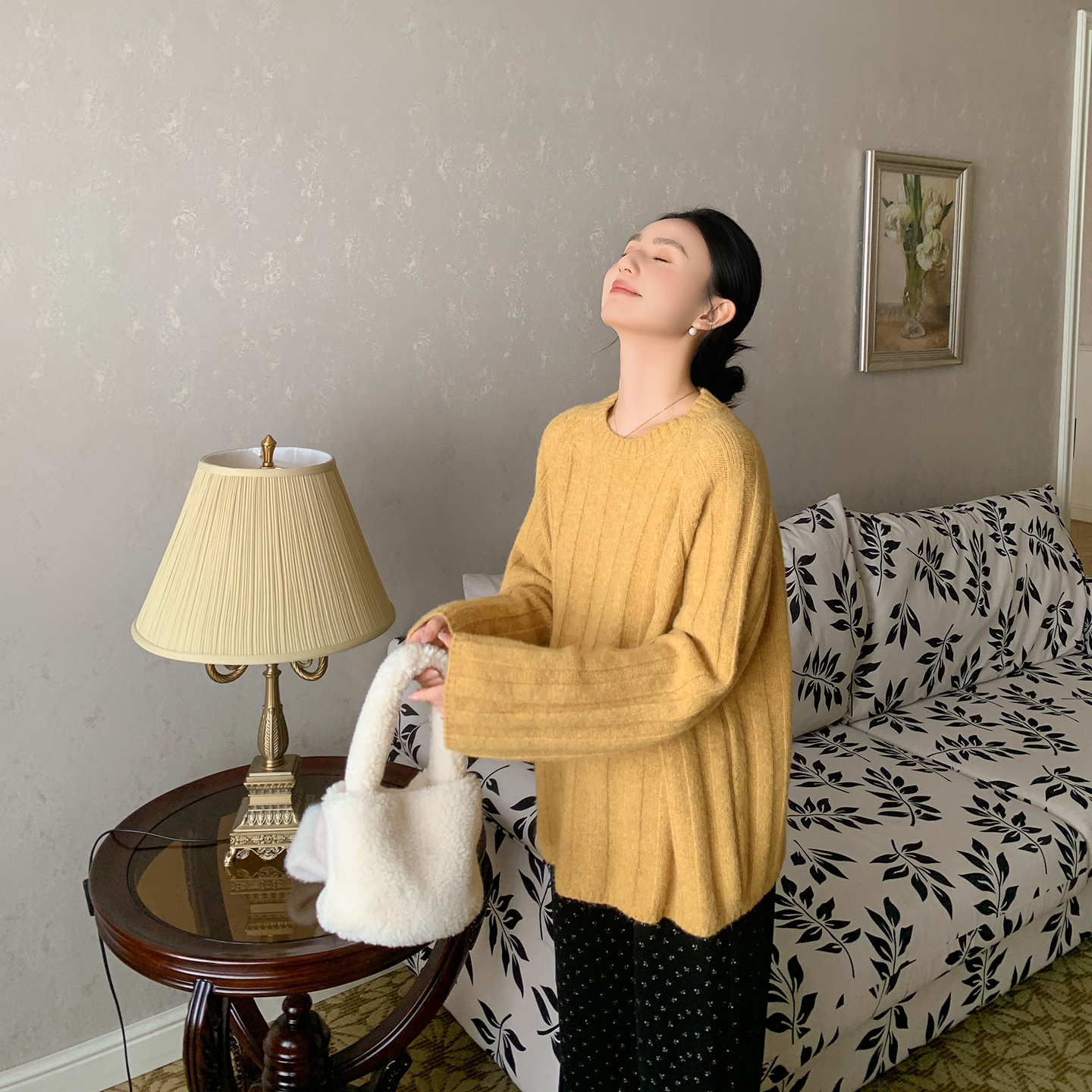 ZMA孕妇装【细闪毛衣小花裤套装】姜黄色毛衣直筒裤秋冬孕妇保暖