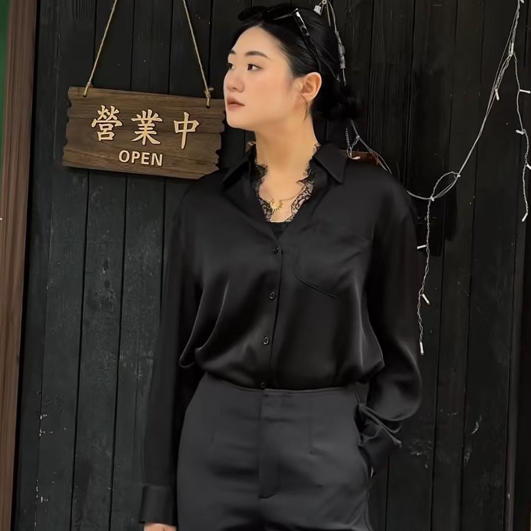 LINGZI垂坠高级感法式缎面长袖衬衫