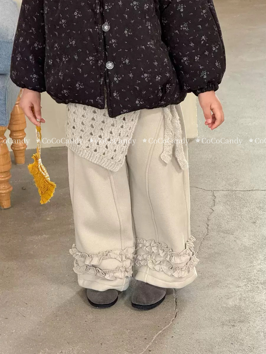 【百搭神裤】25冬新款女宝加绒加厚韩系木耳花边休闲直筒裤85556