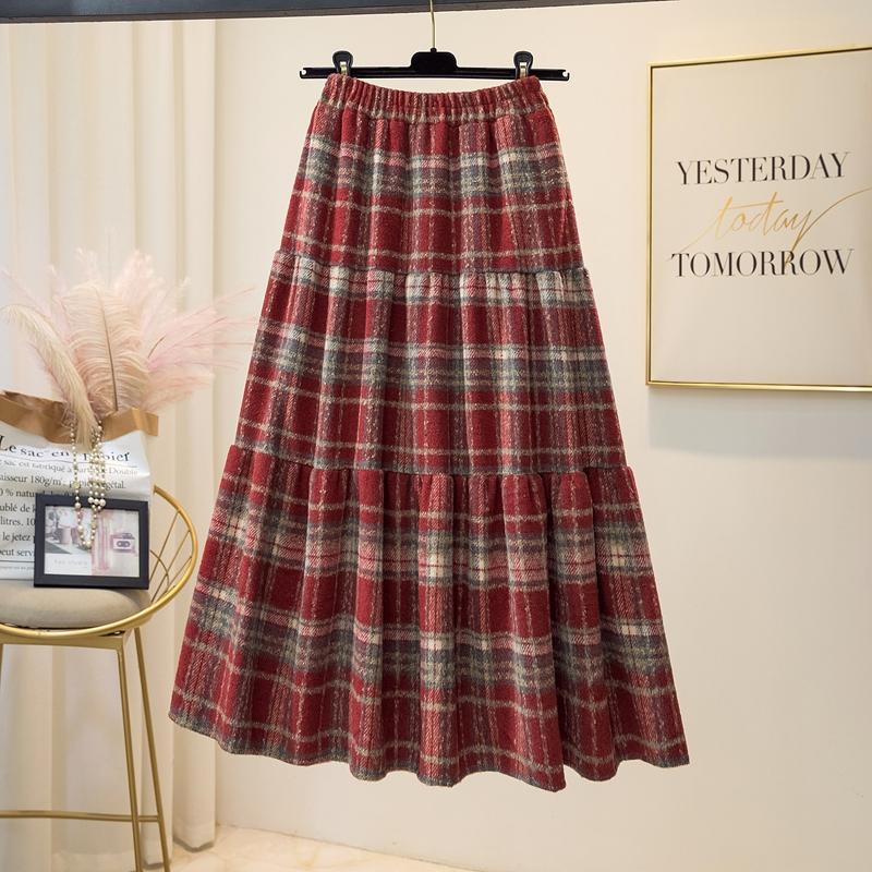 拼接毛呢秋冬新款百搭红格子A字显瘦半身裙女安哥拉红大摆蛋糕裙