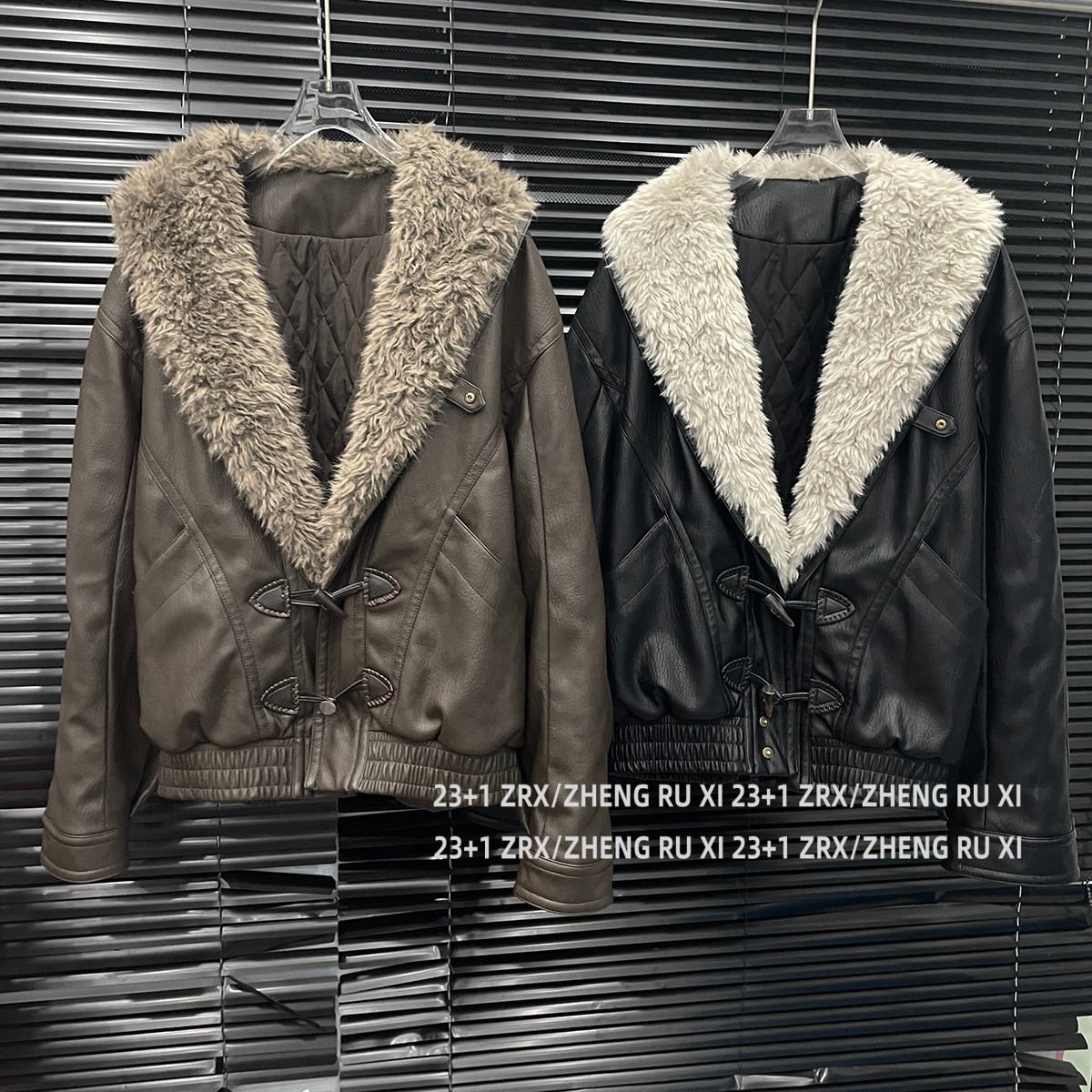 付新博女装牛角扣毛领皮棉衣女美式复古宽松PU皮衣棉服外套15182