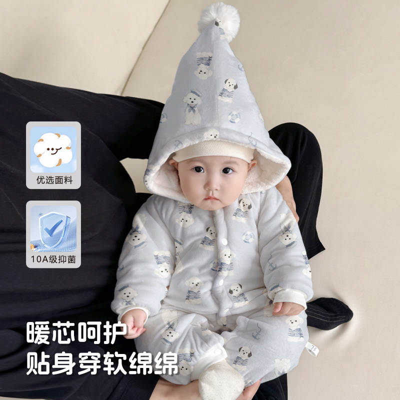 婴儿衣服秋冬加绒加厚连体衣宝宝三层夹棉保暖哈衣外出服