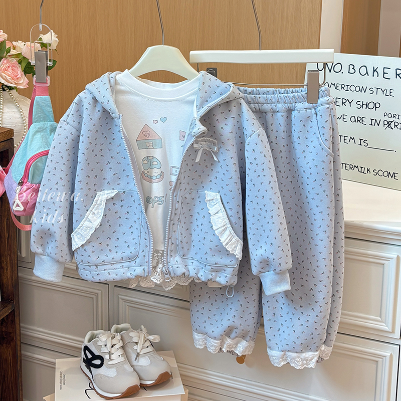 女童春秋新款儿童卫衣卫裤套装儿童碎花运动套装连帽卫衣长裤套装