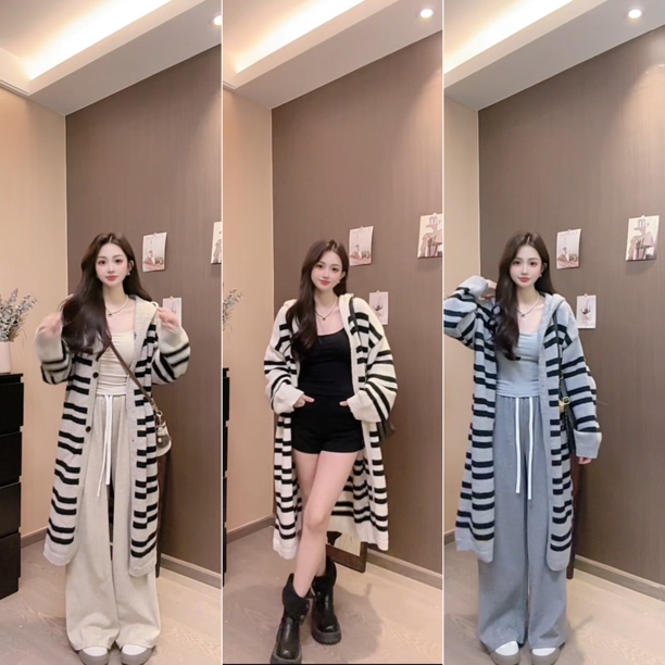 （现）韩系慵懒长款条纹毛衣开衫-911