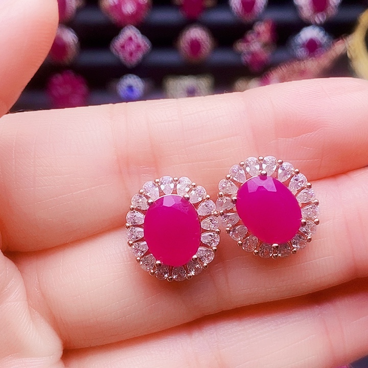 耳饰银S925镶嵌红宝石