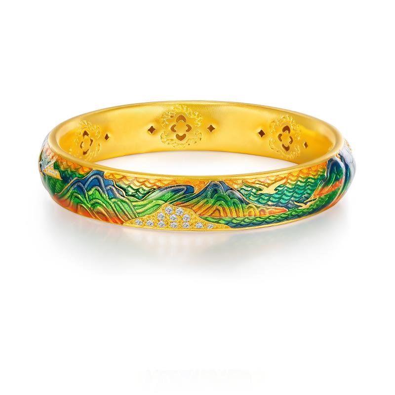 福满圆珠宝 足金 古法珐琅千里江山手镯