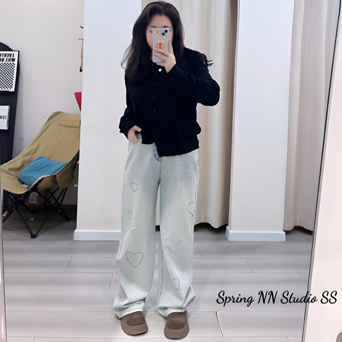 春季新款爱心刺绣磨破牛仔阔腿裤宽松显瘦拖地长裤