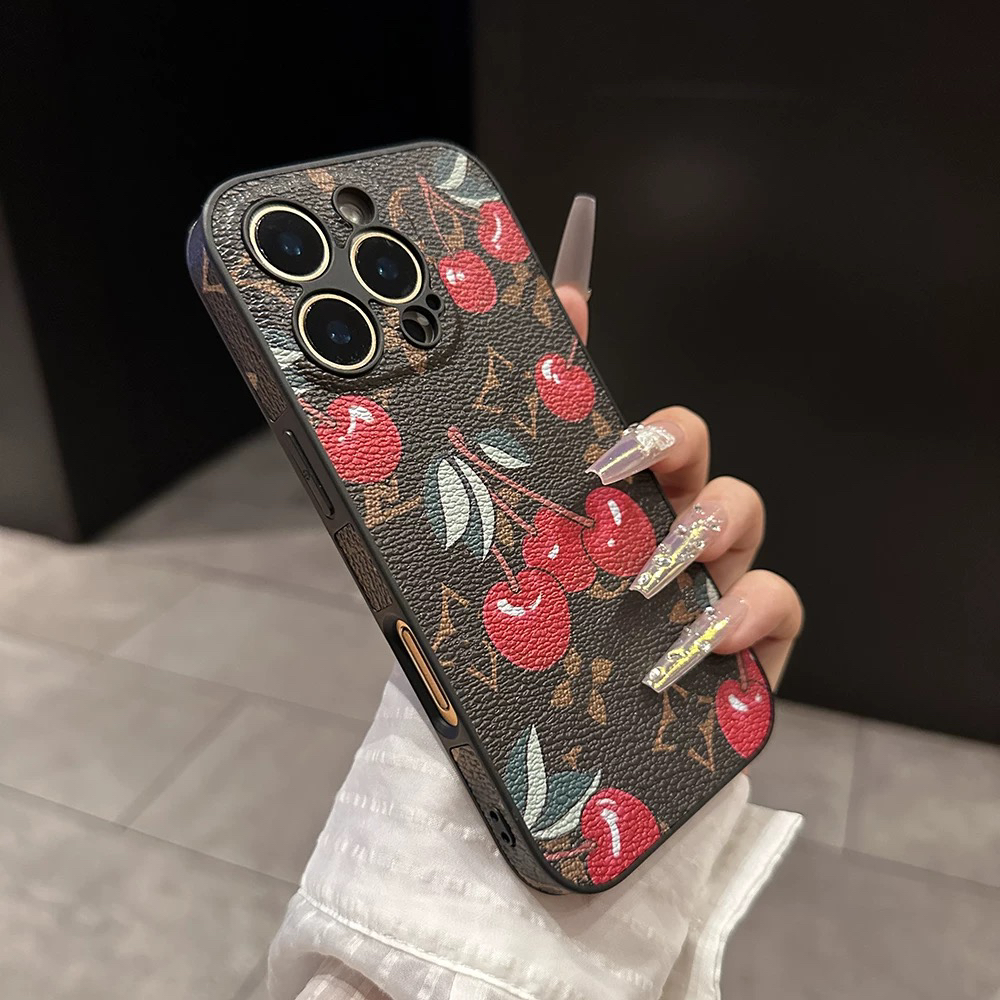 {Hello壳壳}樱桃老花皮质单壳软壳全包精孔适用苹果13-16手机壳