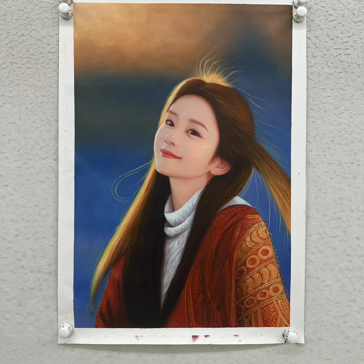 林彦新-***毛衣女孩-红 -约60*90厘米-手绘油画-麻布