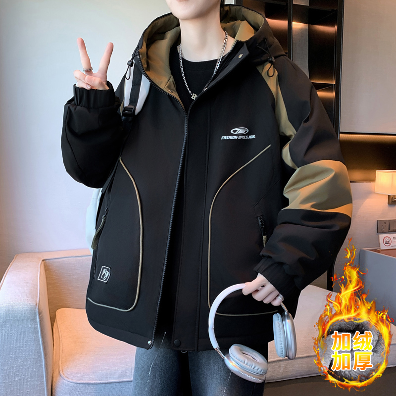 青少年加绒加厚冬季男生连帽夹克学院风时尚潮流百搭学生保暖外套