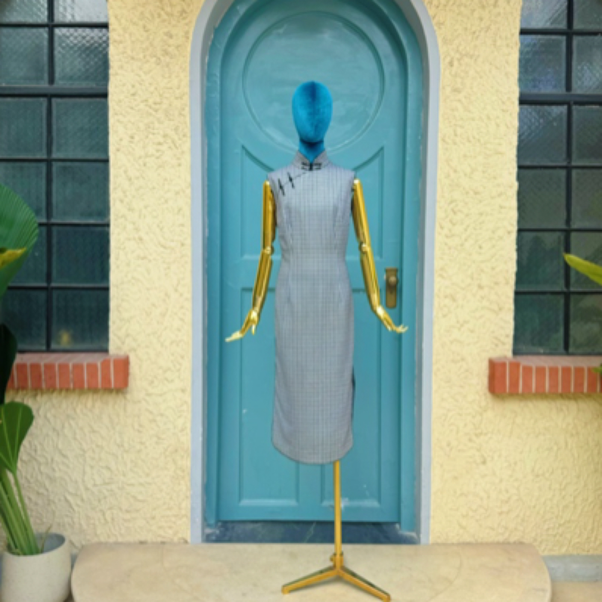 YIWEN CAO设计师原创格子无袖修身旗袍