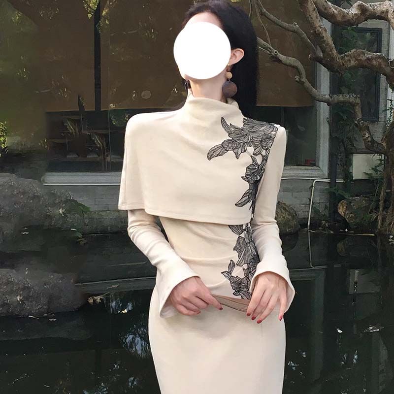 【两件套】中式针织连衣裙送披肩打底长袖旗袍裙子D4217