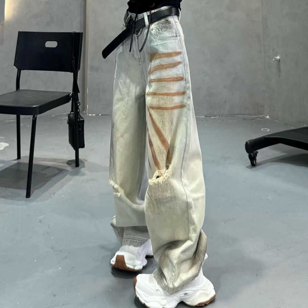 高街破洞直筒脏脏牛仔裤女潮ins秋季新款洋气时尚高腰宽松阔腿裤 