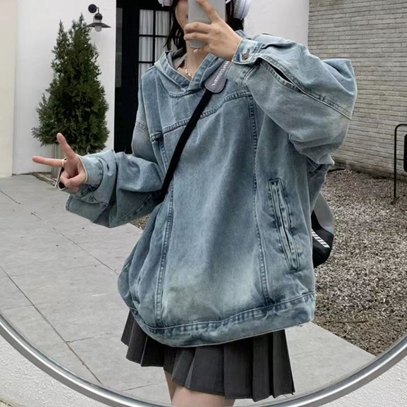 美式街头复古水洗套头连帽宽松牛仔卫衣外套女2023春秋新款上衣潮
