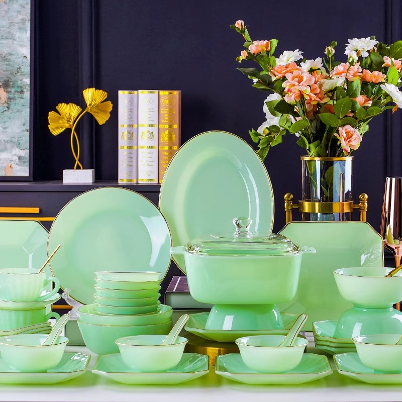 翡翠绿10人用玉瓷套装餐具