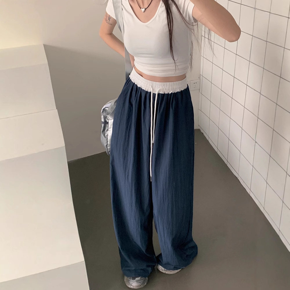 拼色松紧腰阔腿裤女2025新款休闲裤夏季宽松速干垂感直筒拖地裤子