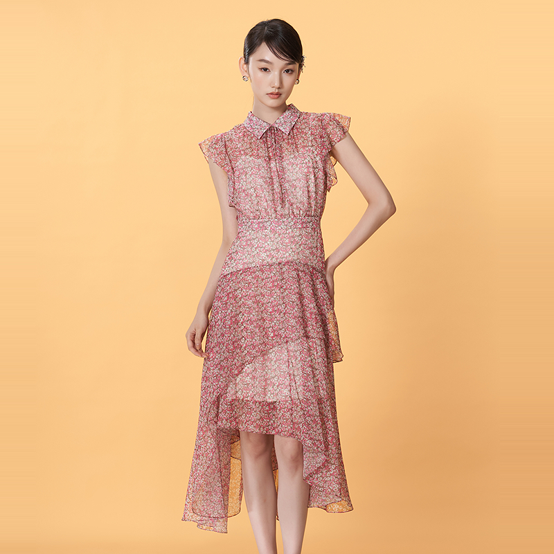 Caroline夏新款田园粉色碎花系带飞袖连衣裙ECRFBD02