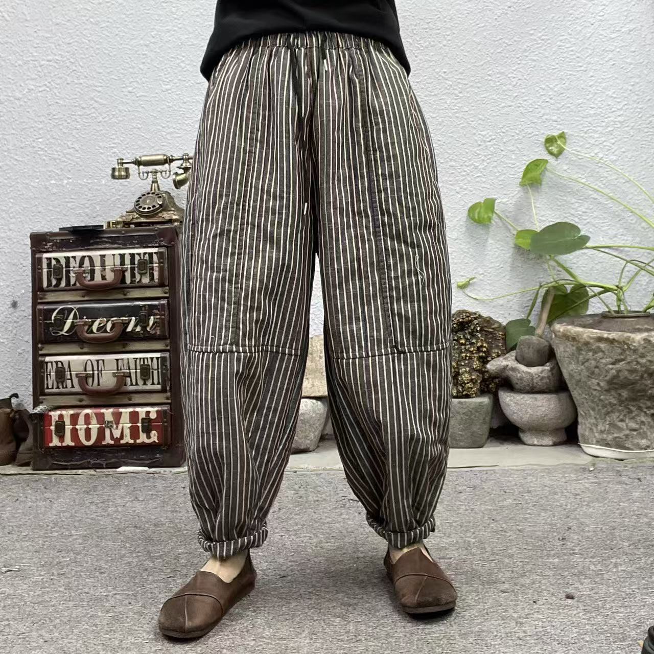 88815夹棉竖条纹哈伦棉裤休闲裤（长93臀围132脚口34