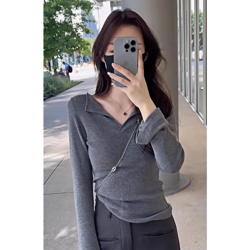 9139+9138漂亮V领长袖T恤女秋冬季韩系chic修身显瘦针织打底衫