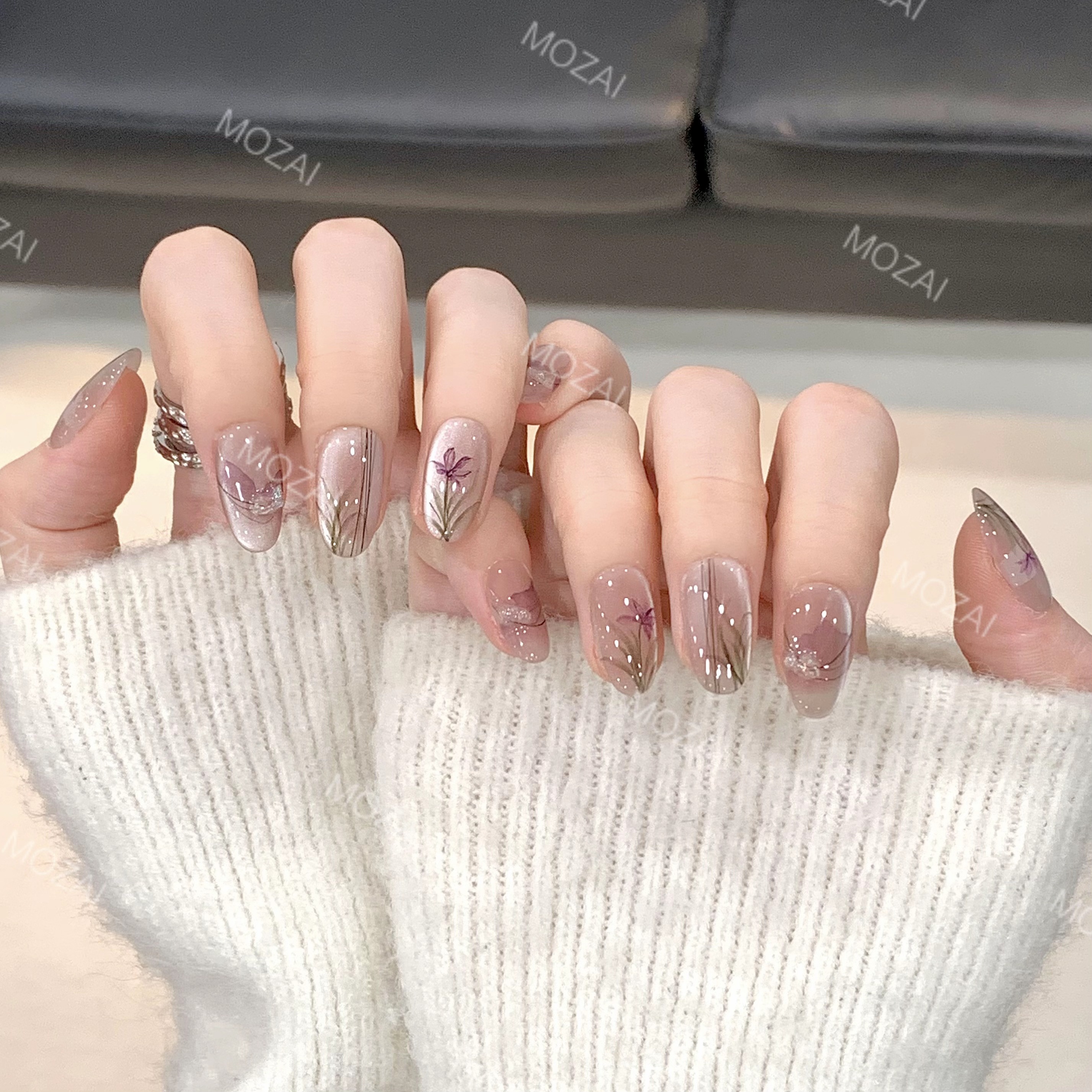 茉哉VIP高定【水彩手绘/幽兰赋】纯手工定制美甲穿戴甲F0024