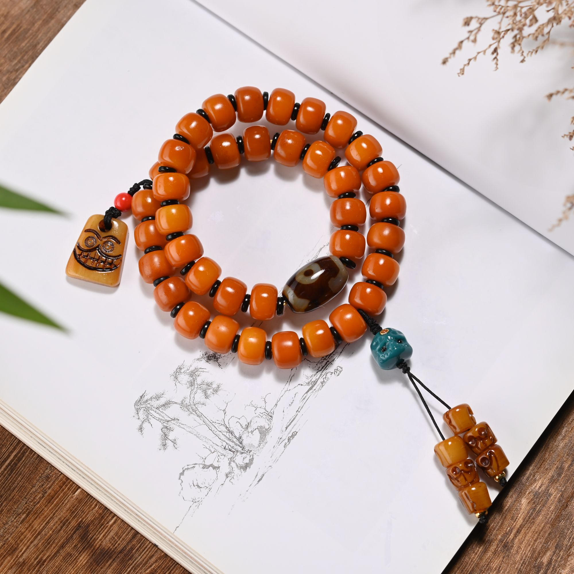 铜合金珐琅手链 藏区天然牦牛骨双圈手串