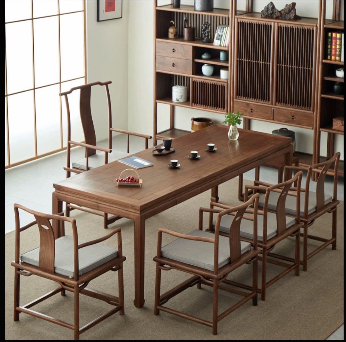 榆木实木马蹄茶桌餐桌简约中国风新中式书桌大长桌泡茶台茶艺桌子