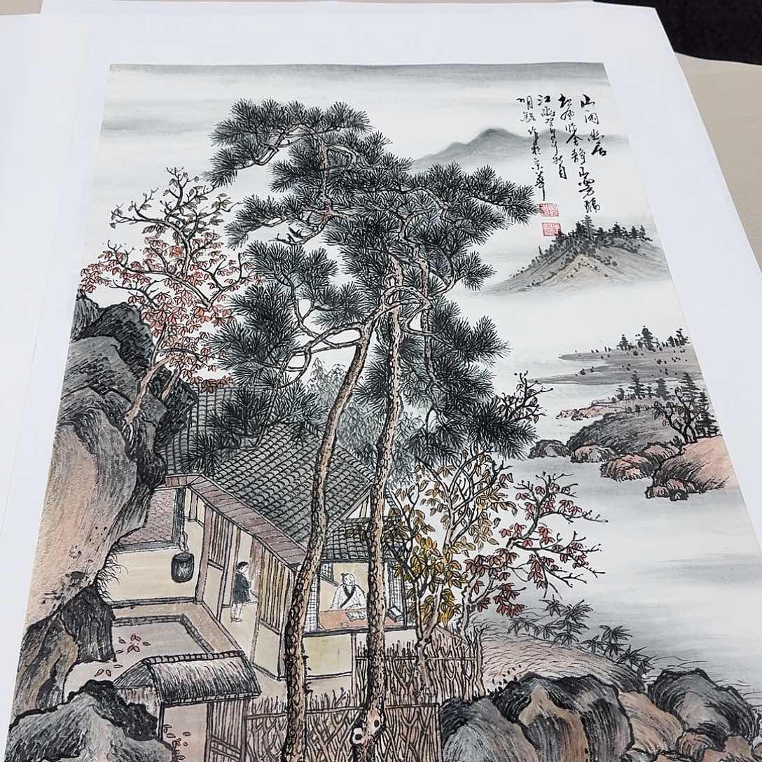 国画四尺三开山水