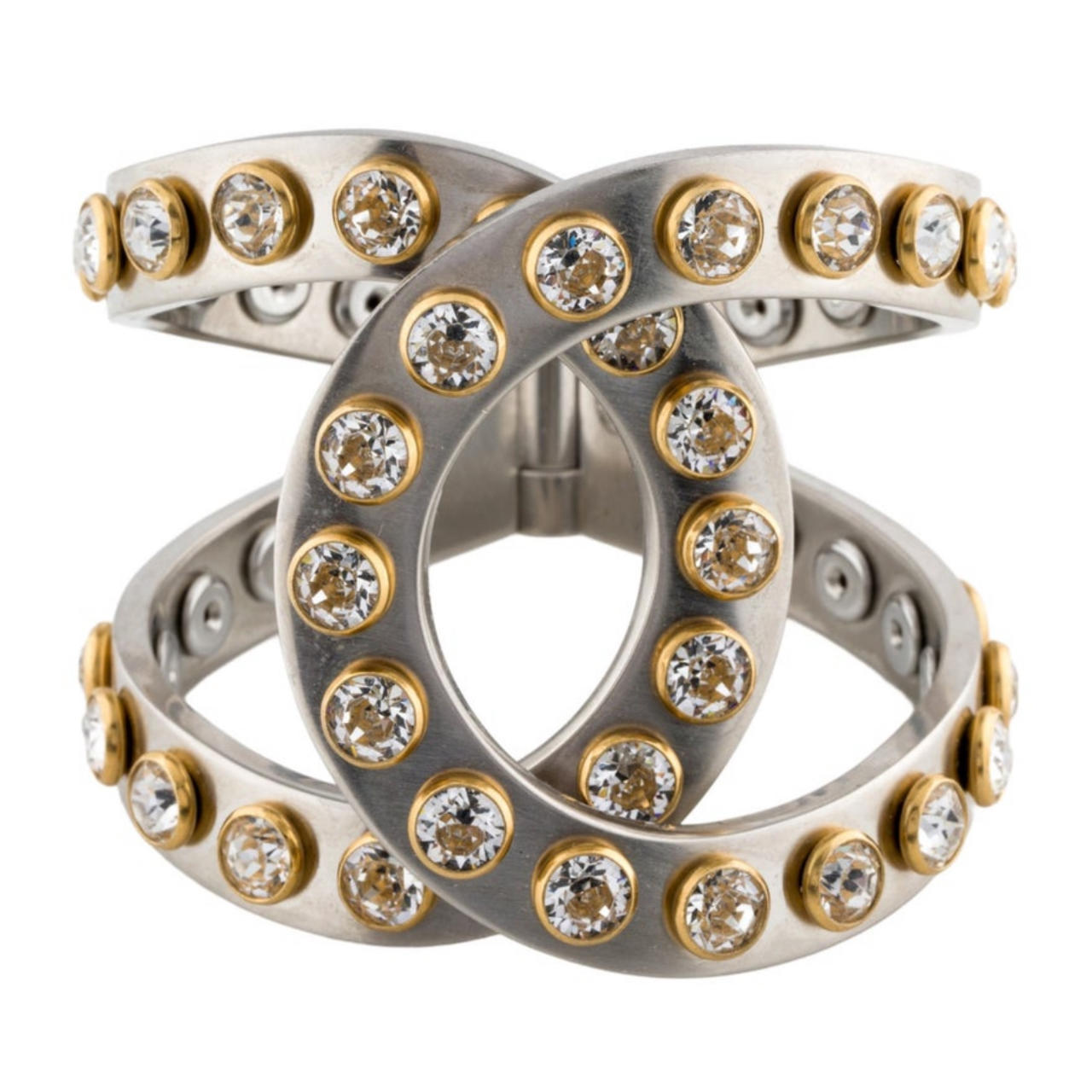 95新 Chanel/香奈儿 Chanel大闪钻银色交叉手镯镂空带钻满钻金色