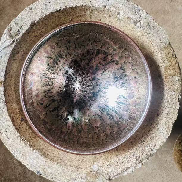 建窑建盏  紫霞彩金百花