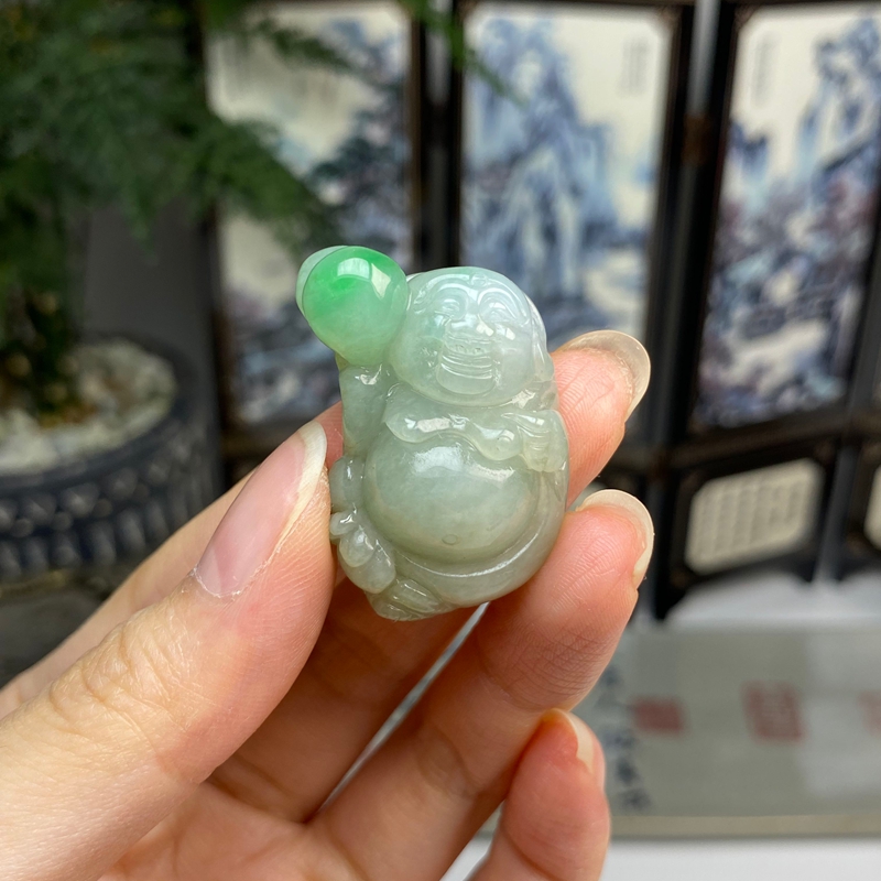 飘绿笑佛佛公吊坠 天然翡翠A货 