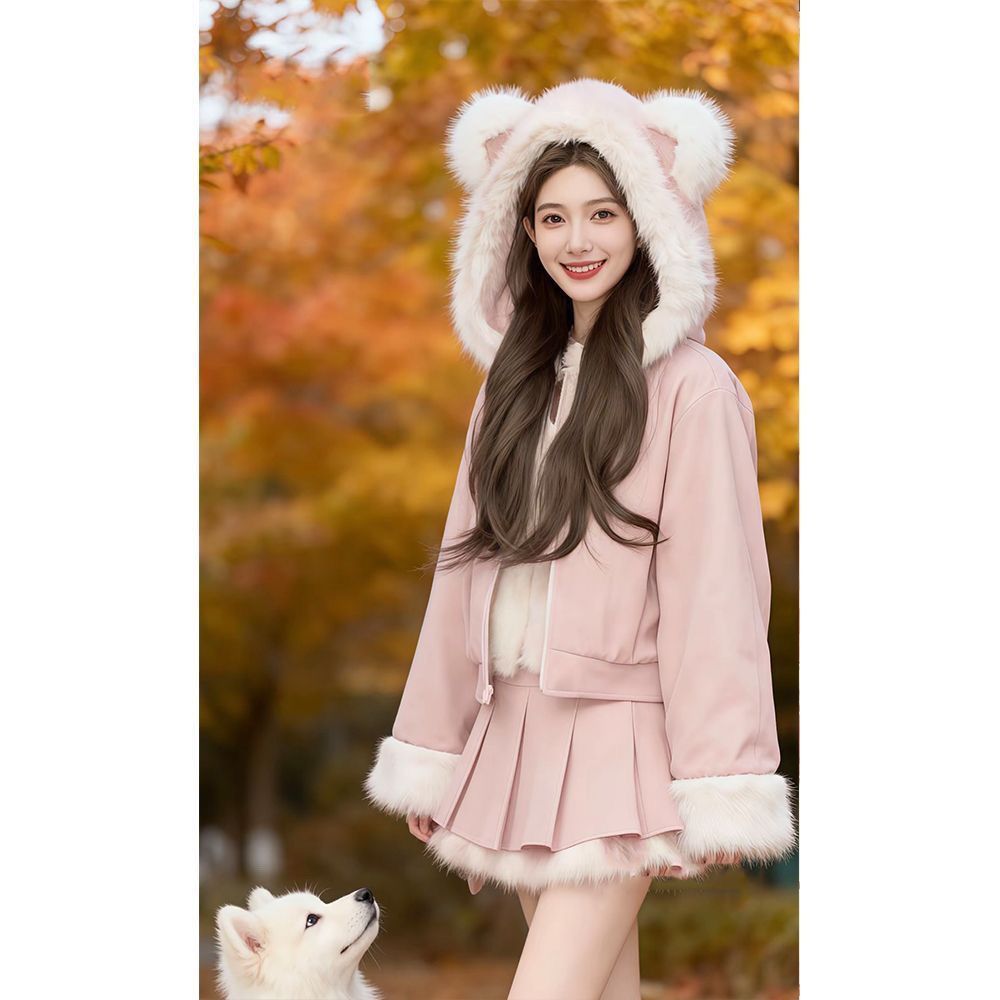 麂皮绒皮毛一体小香风甜美减龄外套半裙女冬高腰显瘦套装2025新款