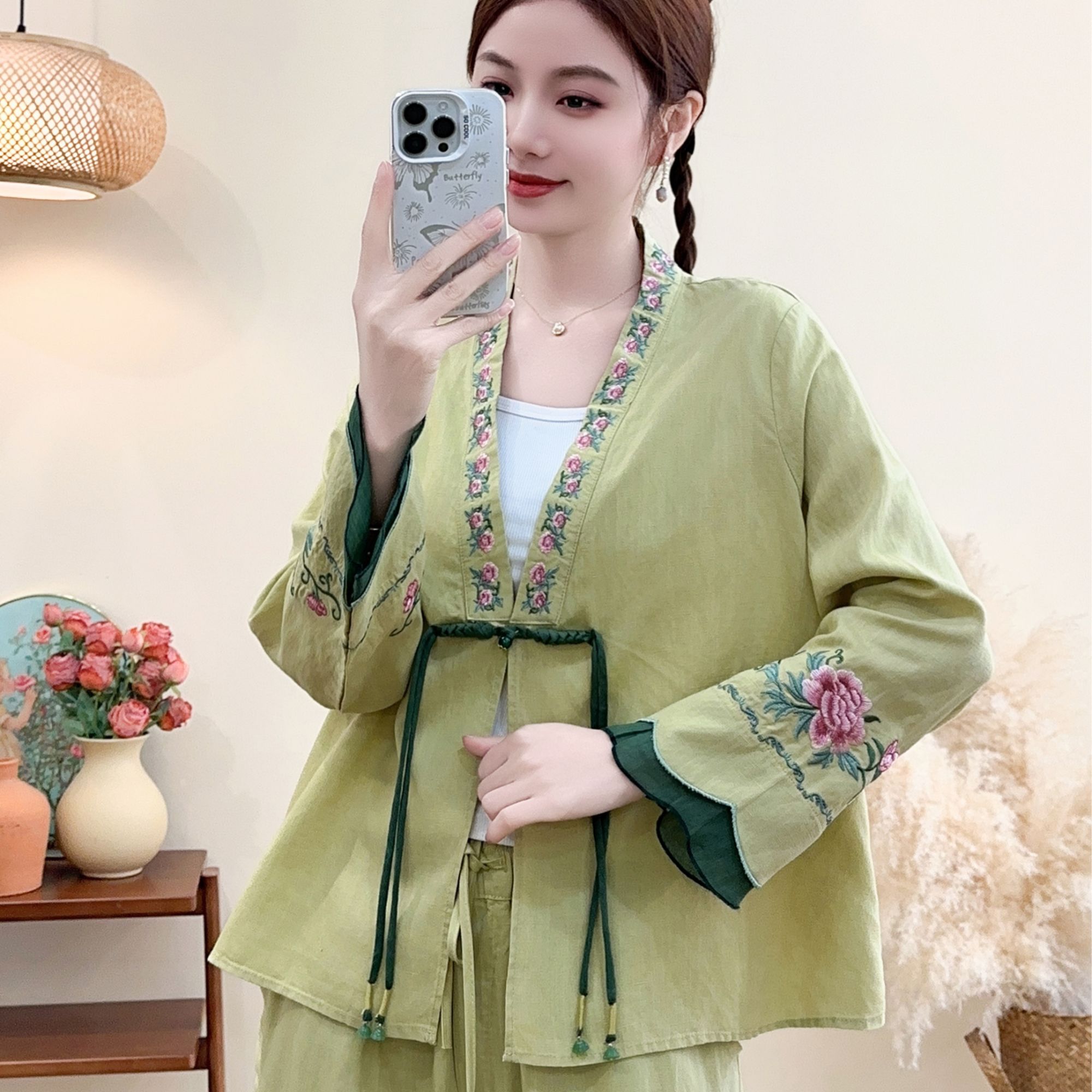 朵兹原春款国风重工刺绣牡丹亚麻V领流苏盘扣衬衫新中式小衫