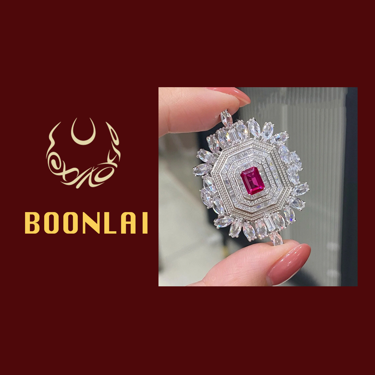 铜合金莫桑石胸针 【满七免一】Boonlai 大货红色锆石菱形满钻胸针x