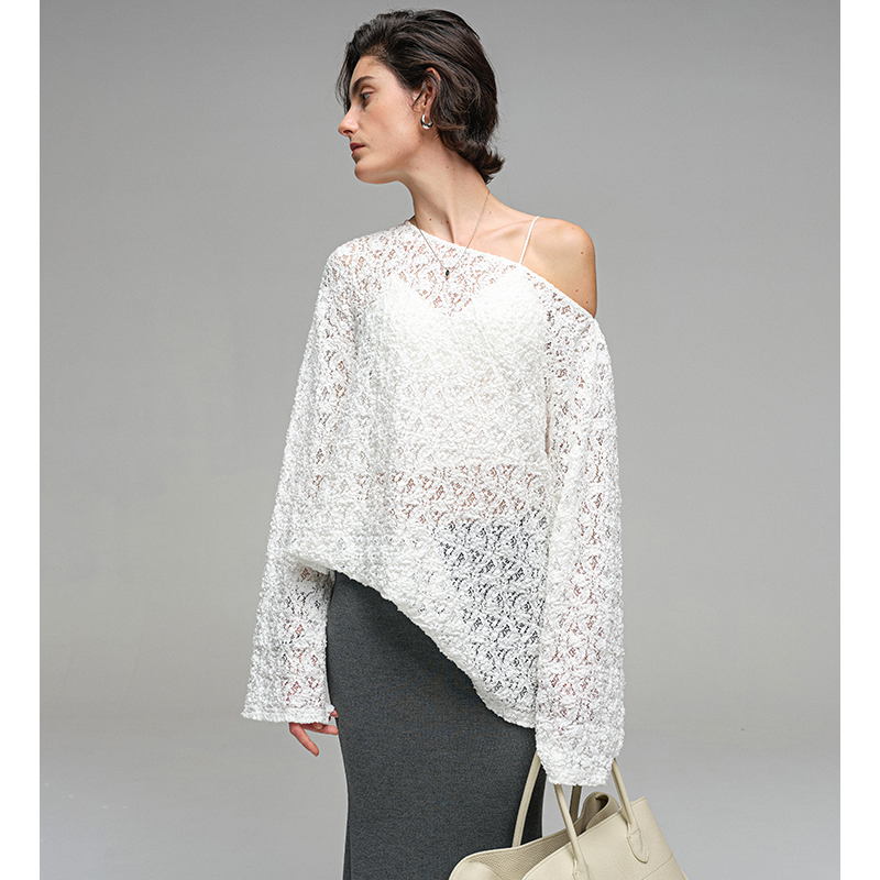 INFFTRU |【野蔷薇T恤】斜肩蕾丝T蕾丝衫上衣2025年新款镂空T恤