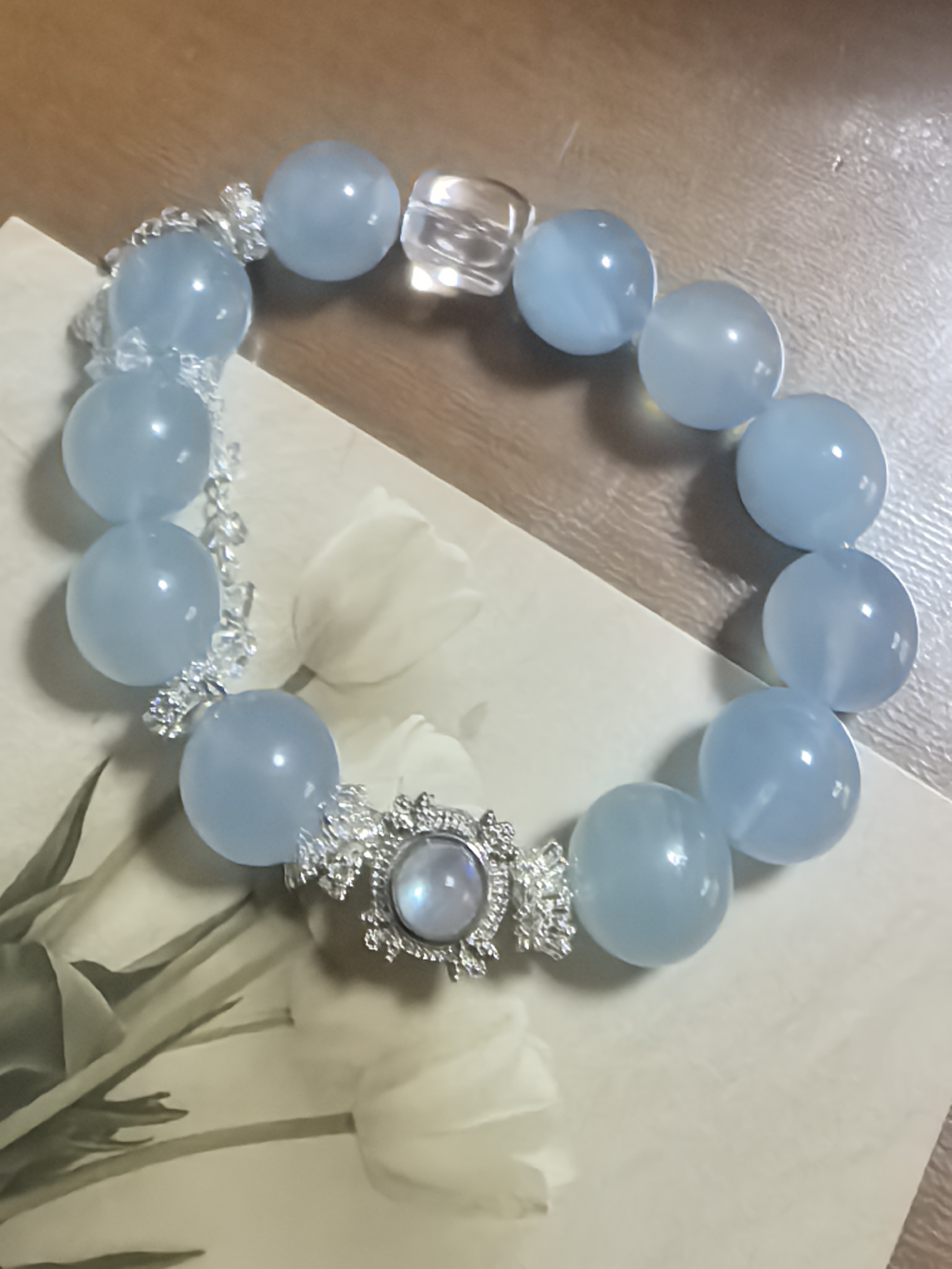 合金莫桑石手链 （淡淡清冷感）海蓝与灰月手链