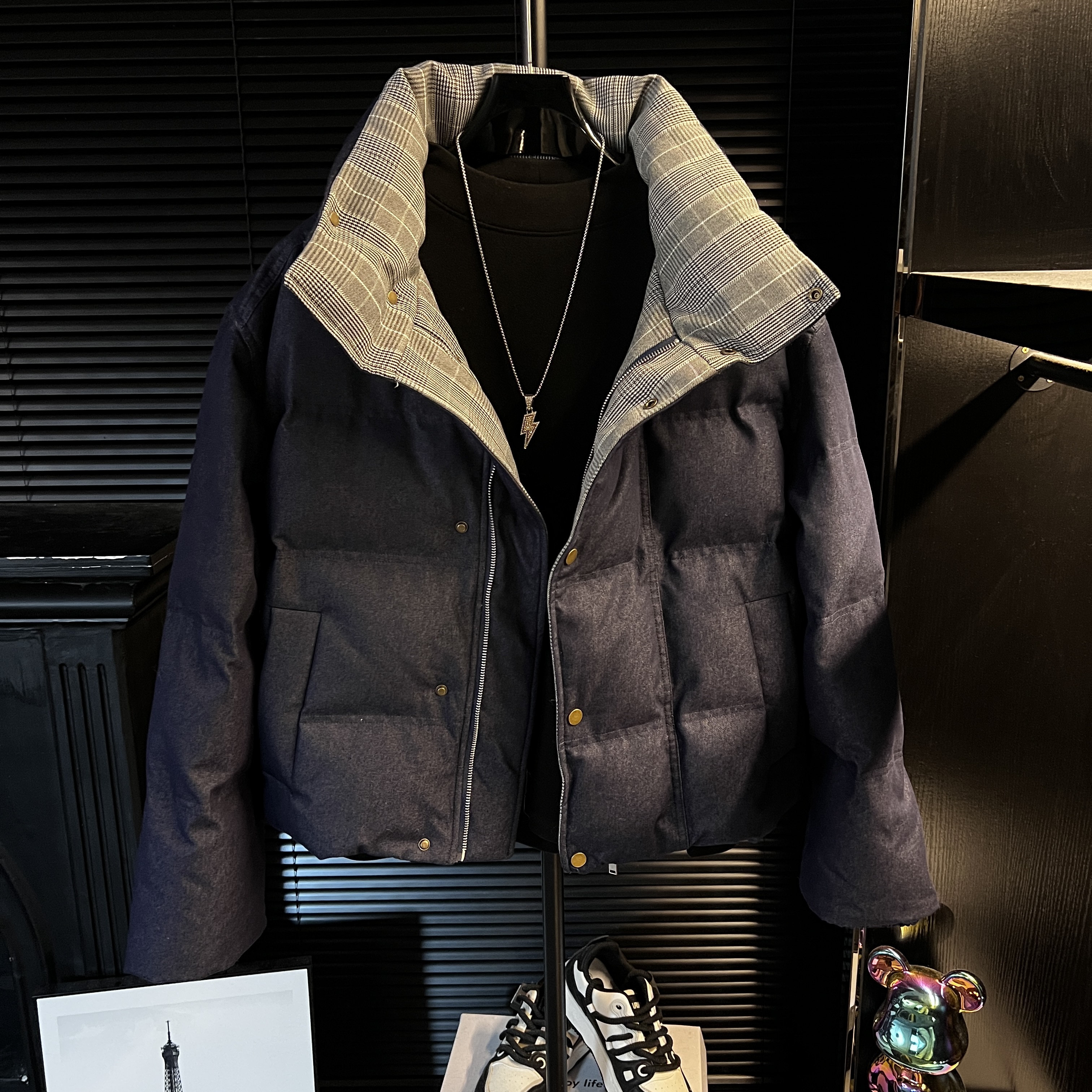 YY-痞帅拼格子立领夹克时尚棉服男士外套