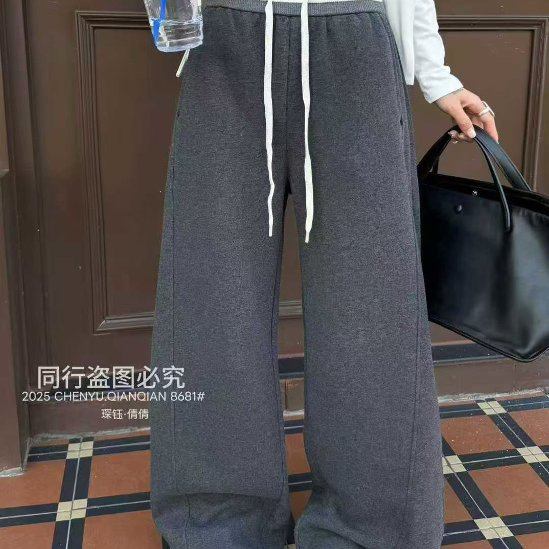 加绒羊绒弯刀阔腿休闲裤女秋冬新款显瘦洋气长裤