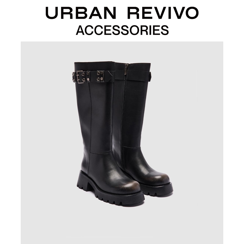 URBAN REVIVO2025秋季新款女士复古铆钉厚底长靴UAYS50096