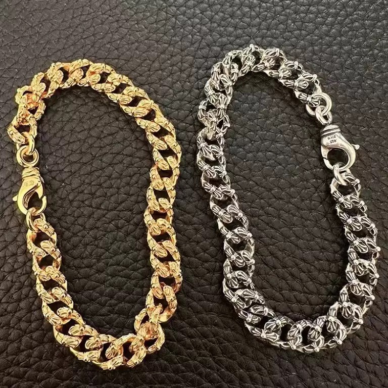 925银手链 克罗心满花金色十字花手链个性小众霸气经典款古巴链