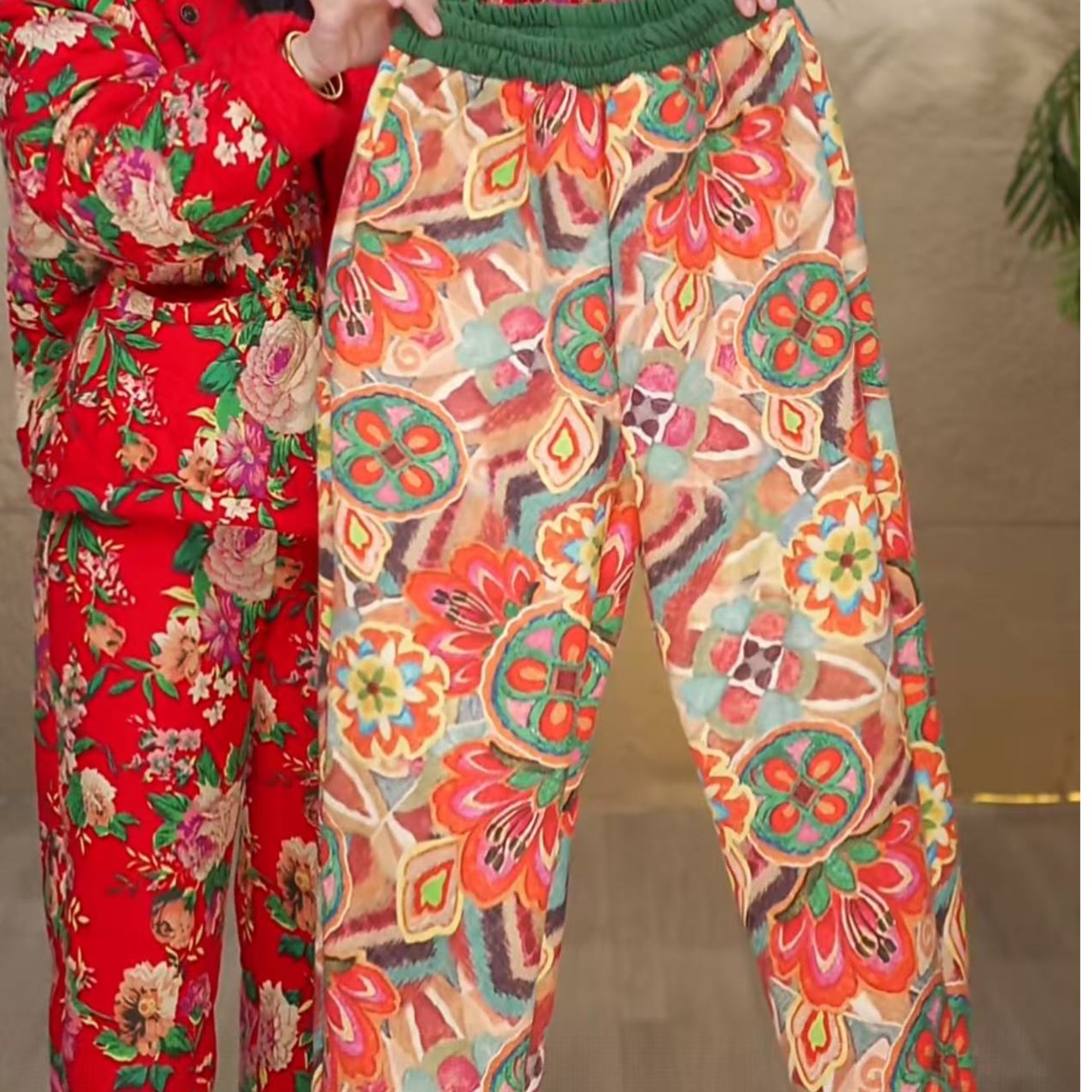 2025冬季新款加棉加绒加厚棉裤红色中国风民族风大花复古大码