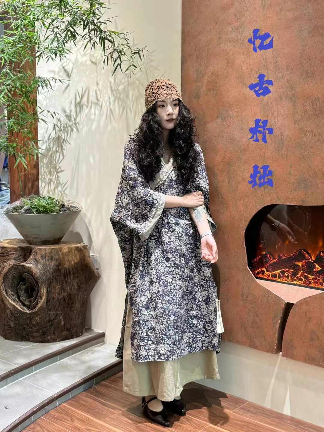 忆古朴拙原创新款青花瓷亚麻连衣裙复古民族风范冰冰同款袍子禅意