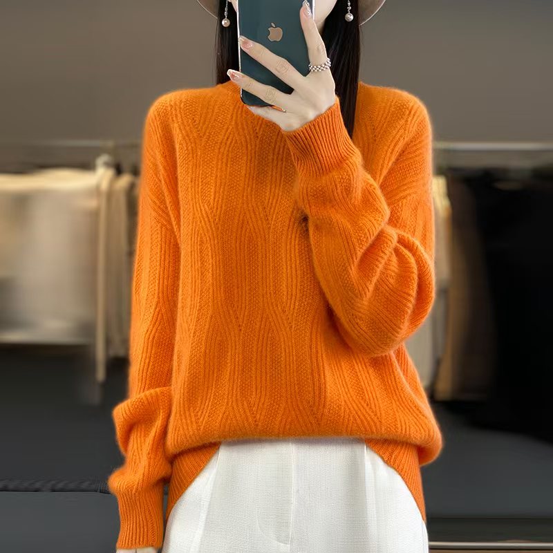 重工绞花！100羊绒时尚宽松显瘦圆领针织毛衣女套头打底衫