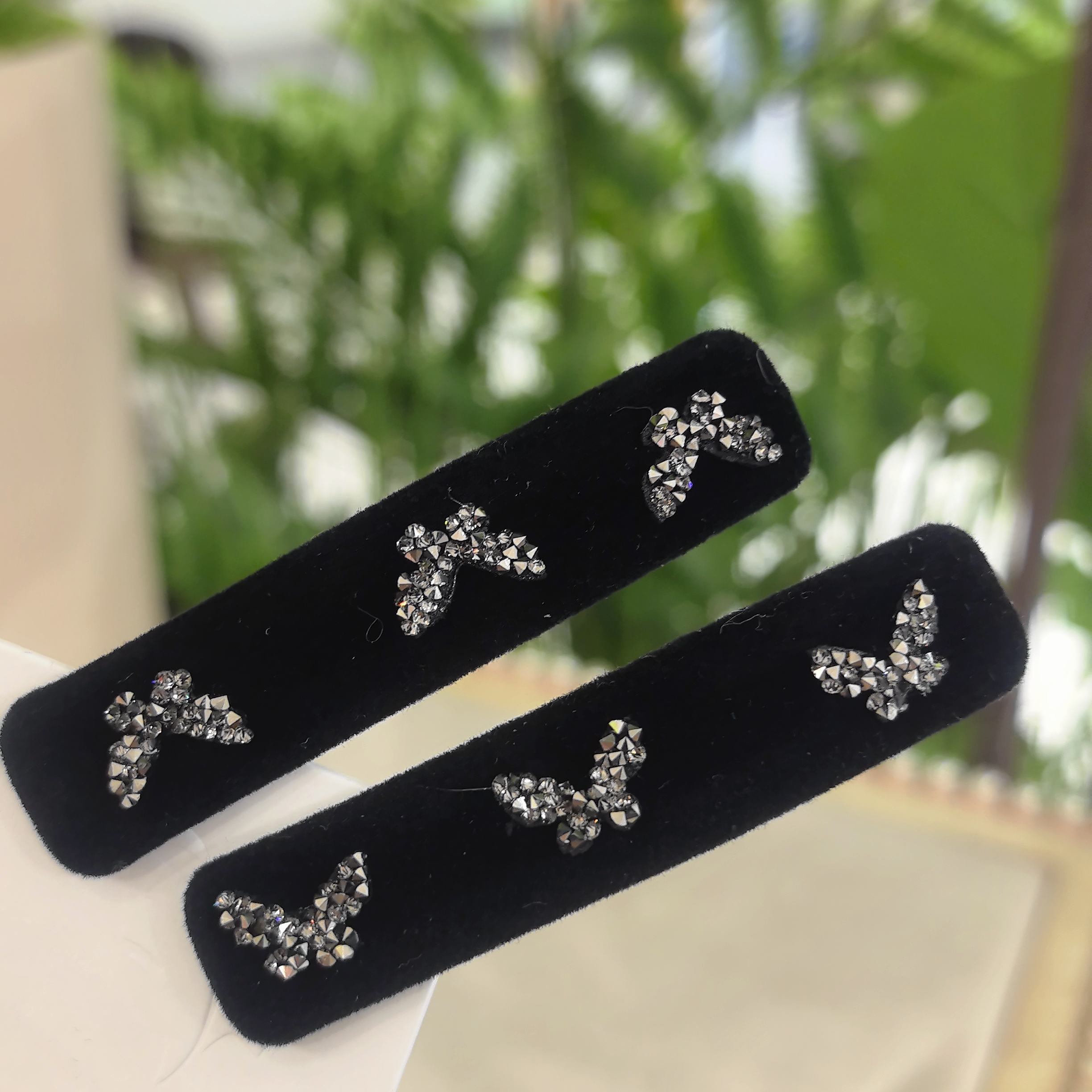 新款精致黑色丝绒满镶碎钻蝴蝶百搭BB夹WM-578（对）