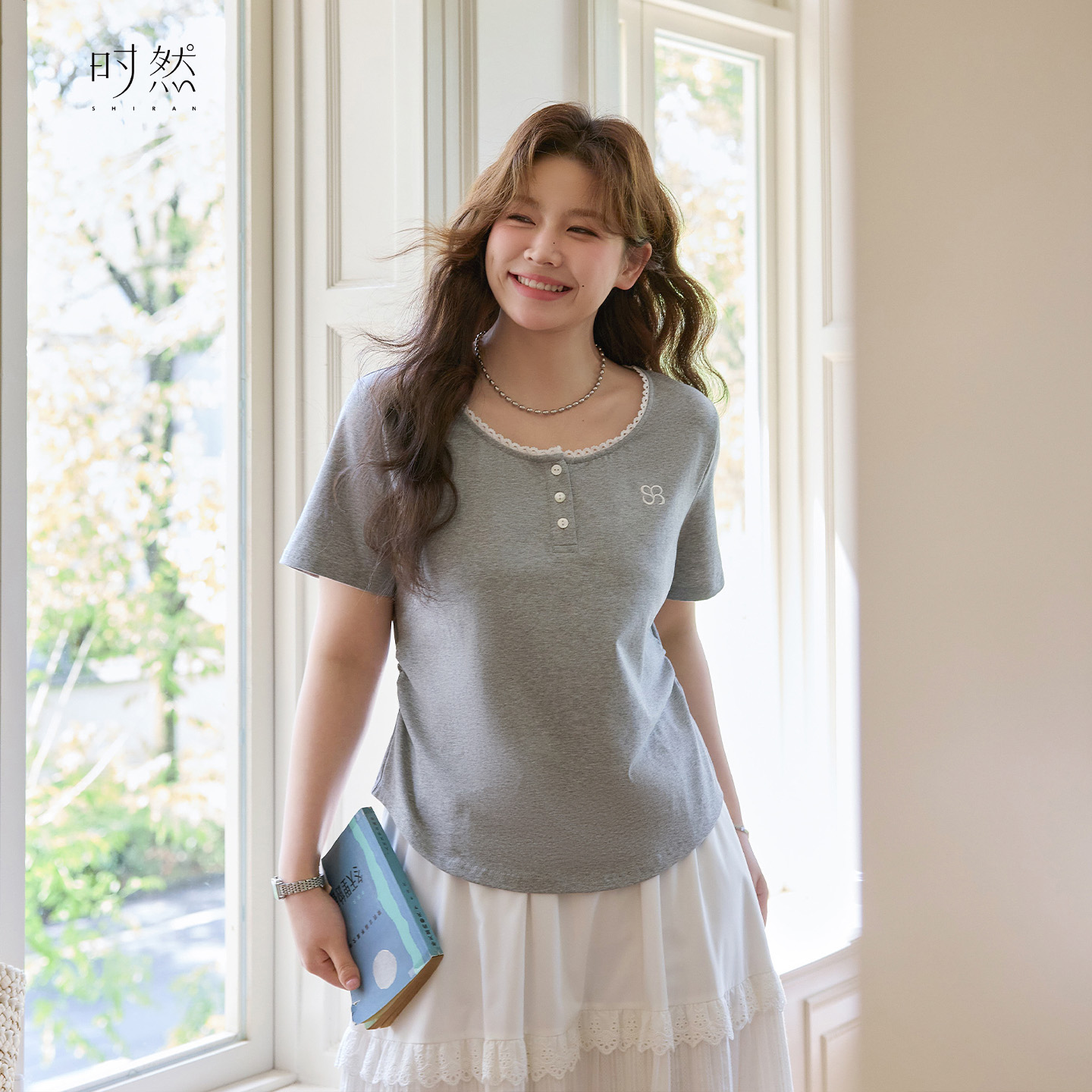 时然【柔缎诗行】微胖大码女装夏新款百搭显瘦遮肉圆领短袖t恤女款