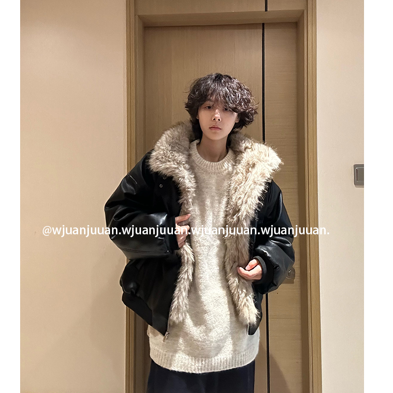 『WJUANJUAN』冬季加厚短宽座山雕皮毛拼接男女棉衣外套