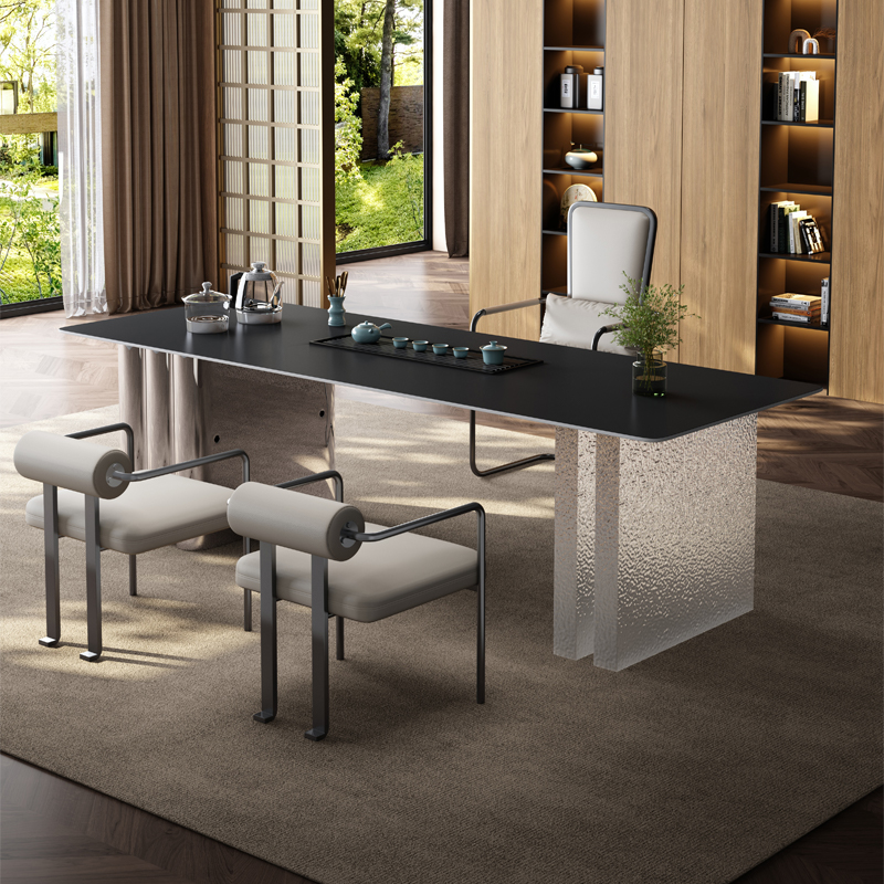 亚克力悬浮岩板茶桌办公室功夫泡茶台烧水壶一体别墅大茶桌椅组合