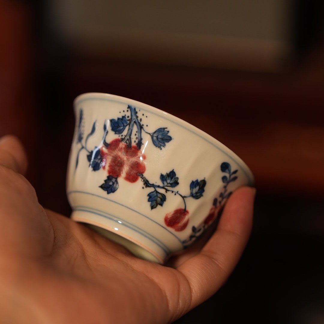 丰青堂 手工雕刻 青花釉里红主人杯 景德镇高端茶器
