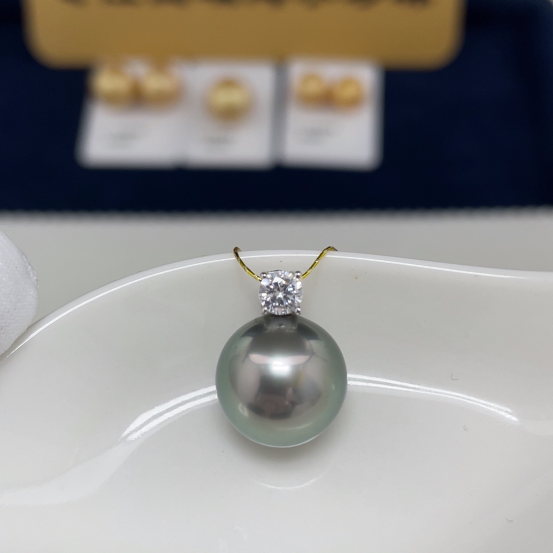 银S925镶嵌大溪地吊坠12-13海水珍珠